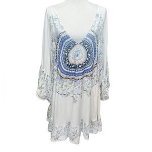 Aveology Plus Size 22/24  White Blue Flare Sleeves Frankie Frill Tunic Blouse
